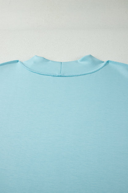 Mist Blue Solid Color Mock Neck Half Sleeve Top Plus Size 2pcs Short Set
