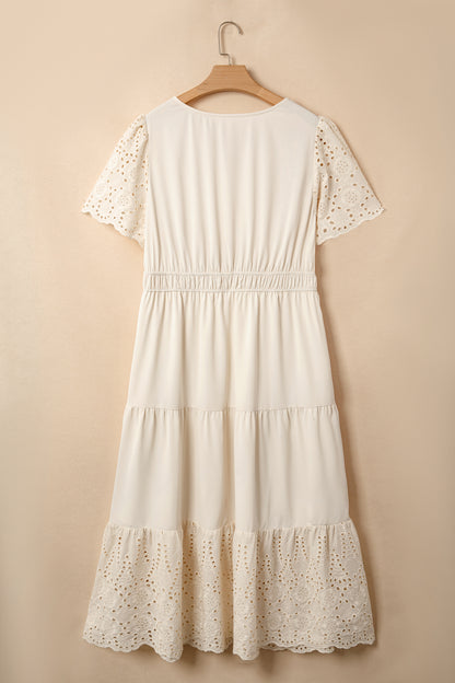 Apricot Plus Size V Neck Lacy Embroidery Patchwork Short Sleeve Maxi Dress