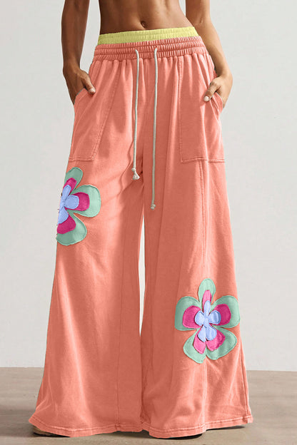 Sky Blue Color Block Flower Patchwork Drawstring Contrasted Elastic Waist Wide Leg Pants