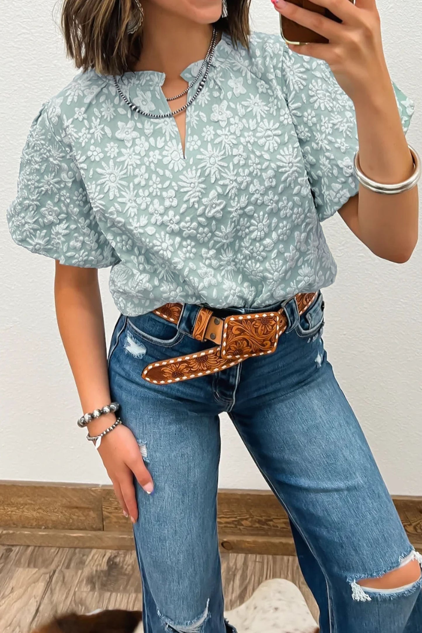 Beige Floral Textured Jacquard Puff Sleeve Blouse