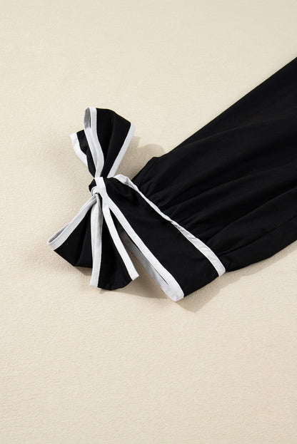 Black Contrast Trim Knot Cuffs Plus Size V Neck Mini Dress