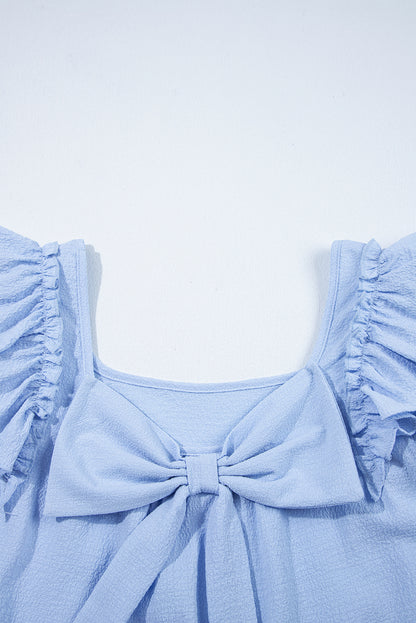 Beige Textured Bow Knot Frilled Butterfly Sleeve Blouse