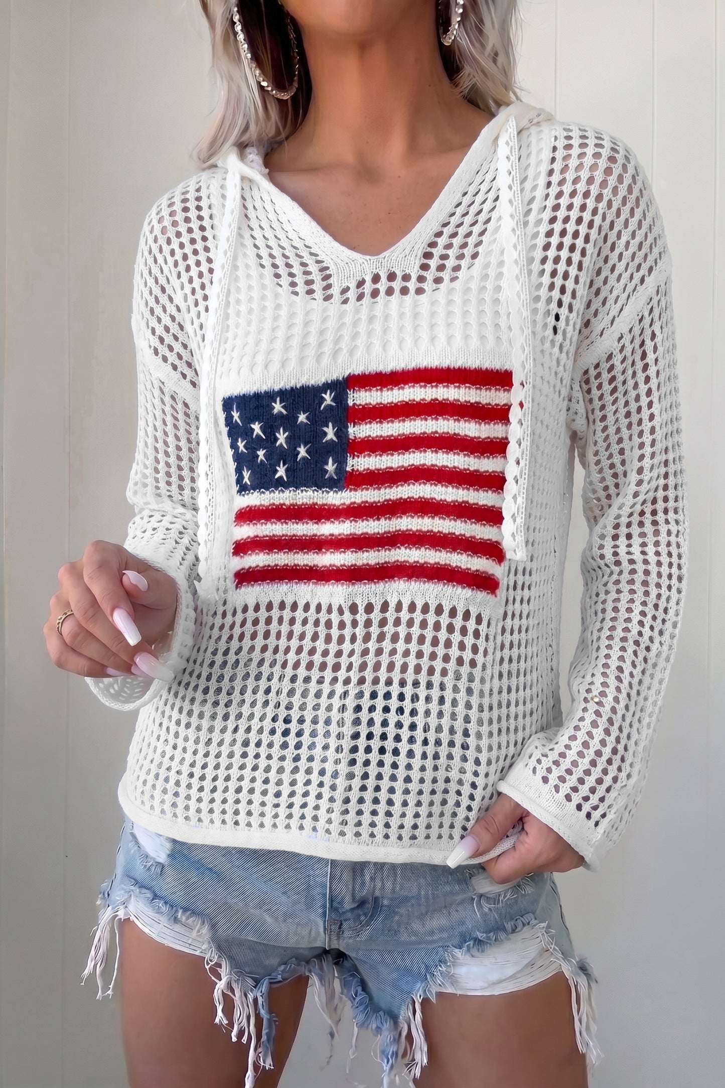 Beau Blue Hollow Out Crochet Knit American Flag Patched Sweater Hoodie