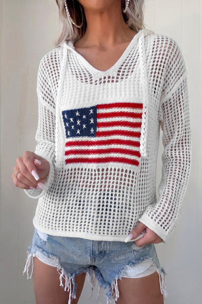 Beau Blue Hollow Out Crochet Knit American Flag Patched Sweater Hoodie