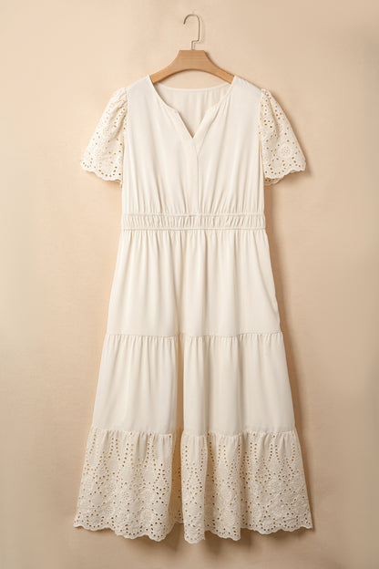 Apricot Plus Size V Neck Lacy Embroidery Patchwork Short Sleeve Maxi Dress