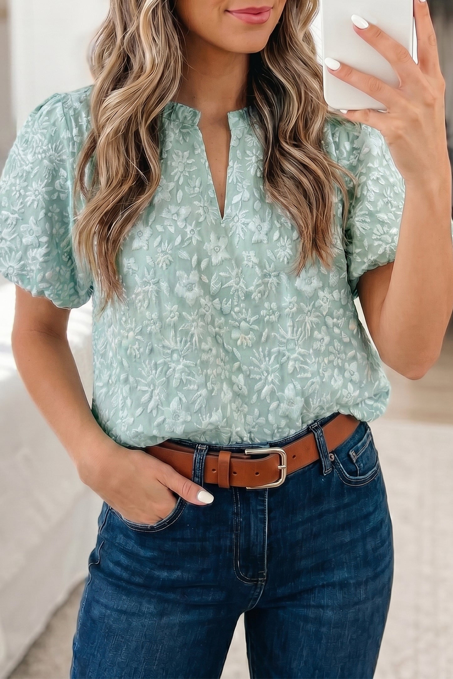 Beige Floral Textured Jacquard Puff Sleeve Blouse