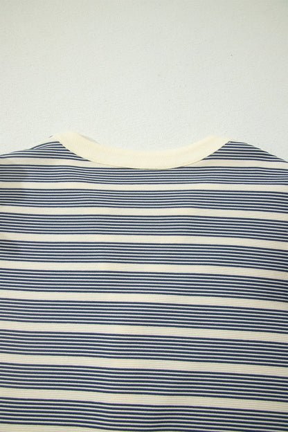 Blue Stripe Plus Size Contrast Trim Button V Neck Ruffle Sleeve Shift Dress