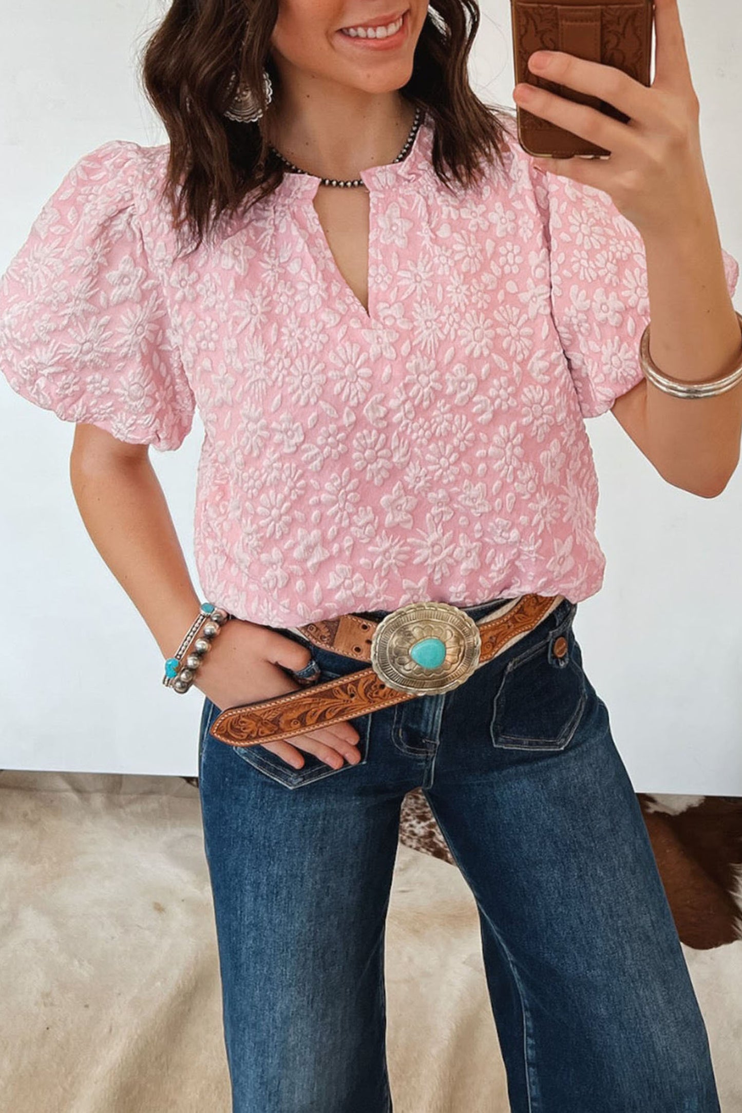 Beige Floral Textured Jacquard Puff Sleeve Blouse