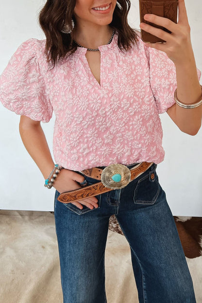 Beige Floral Textured Jacquard Puff Sleeve Blouse