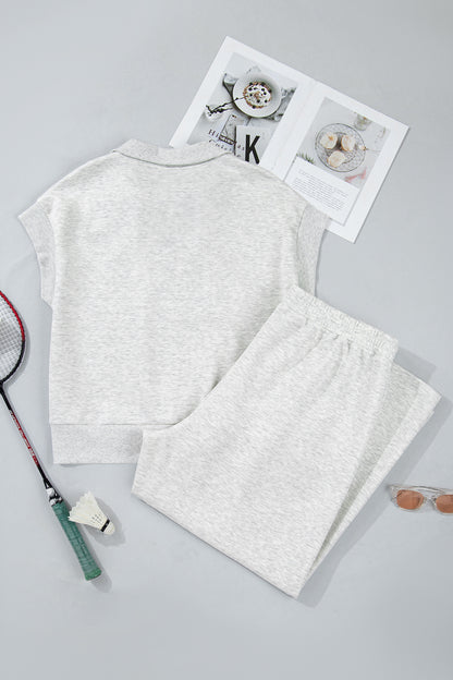 Light Grey Half Zip Polo Tee Loose Pants Plus Size 2pcs Outfit