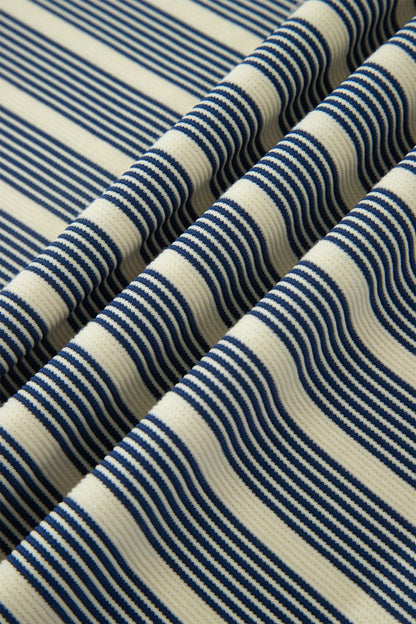 Blue Stripe Plus Size Contrast Trim Button V Neck Ruffle Sleeve Shift Dress