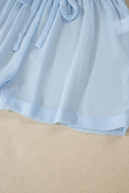 Beau Blue Sheer Tunic Shirt Drawstring Shorts 2pcs Swim Cover Up