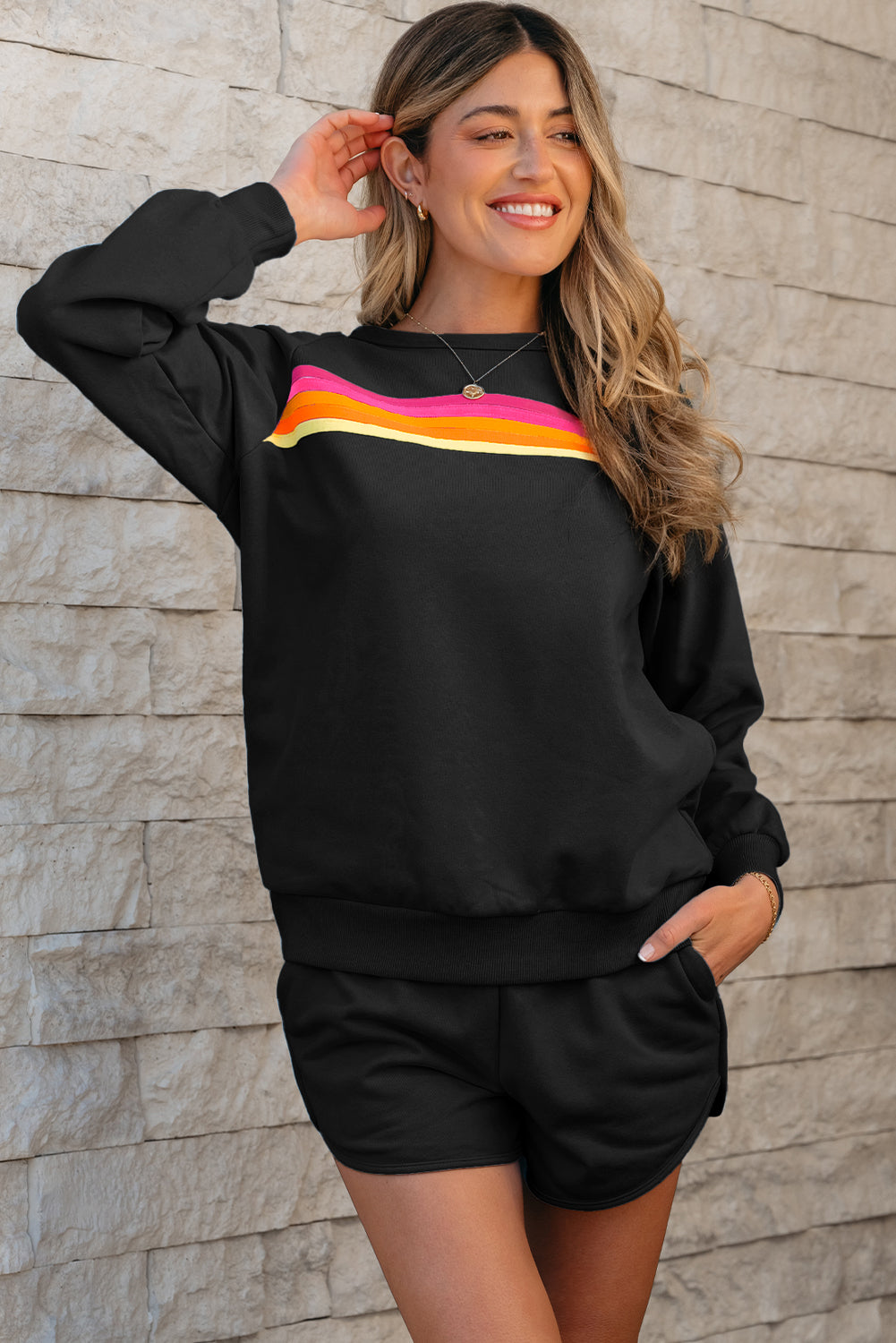 Beau Blue Accent Pullover and Shorts Two Piece Casual Set