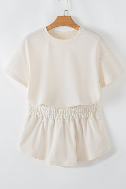 Beige 2pcs Cropped Tee and Ruffle High Waist Skort Set