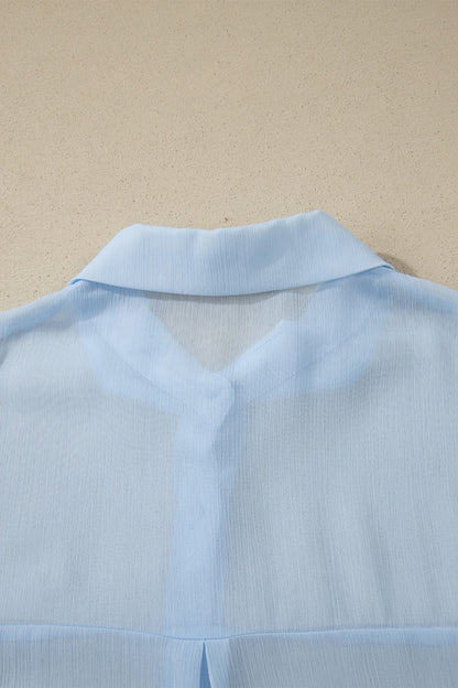 Beau Blue Sheer Tunic Shirt Drawstring Shorts 2pcs Swim Cover Up
