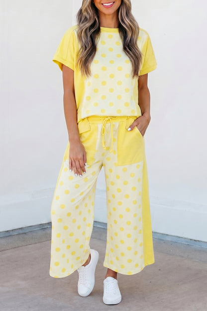 Sky Blue Color Block Patchwork Polka Dot Wide Leg Pant Set